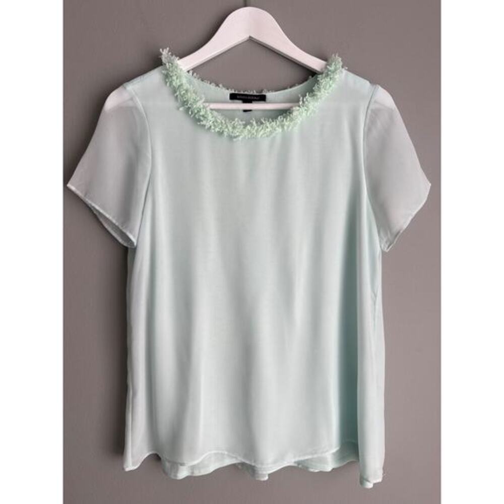 Banana Republic Mint Chiffon Blouse Size S Floral Trim Neck Modal Romantic
